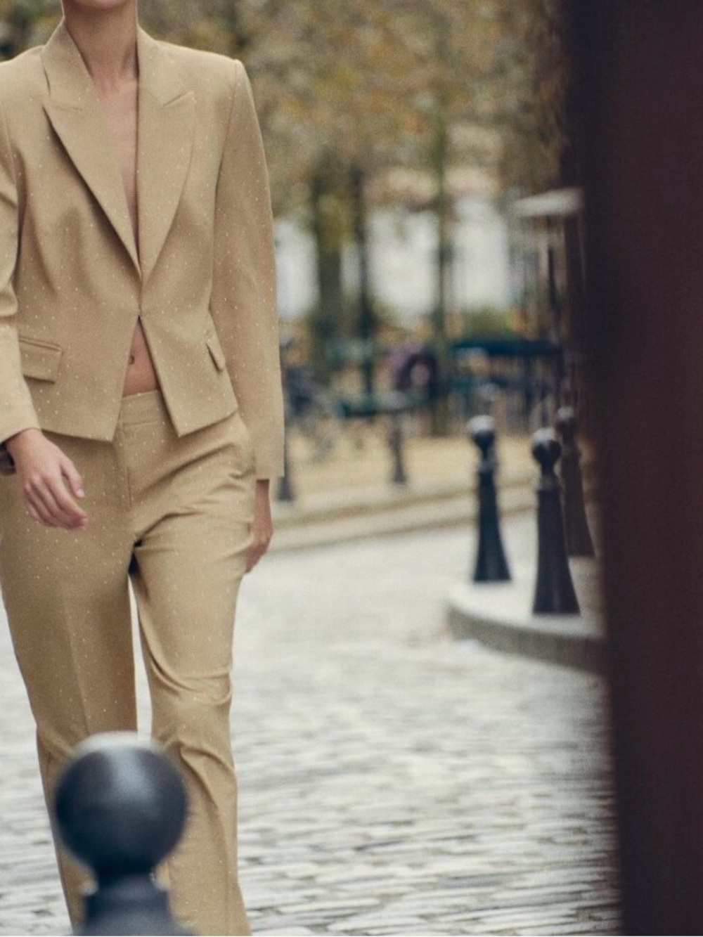 Zara NWOT Beige Suit with small silver studs. Cropped Tailored Pants. - Picture 2 of 9